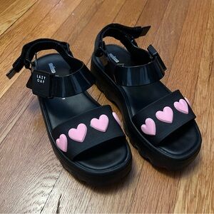 Lazy Oaf Black Sandals with Pink Hearts